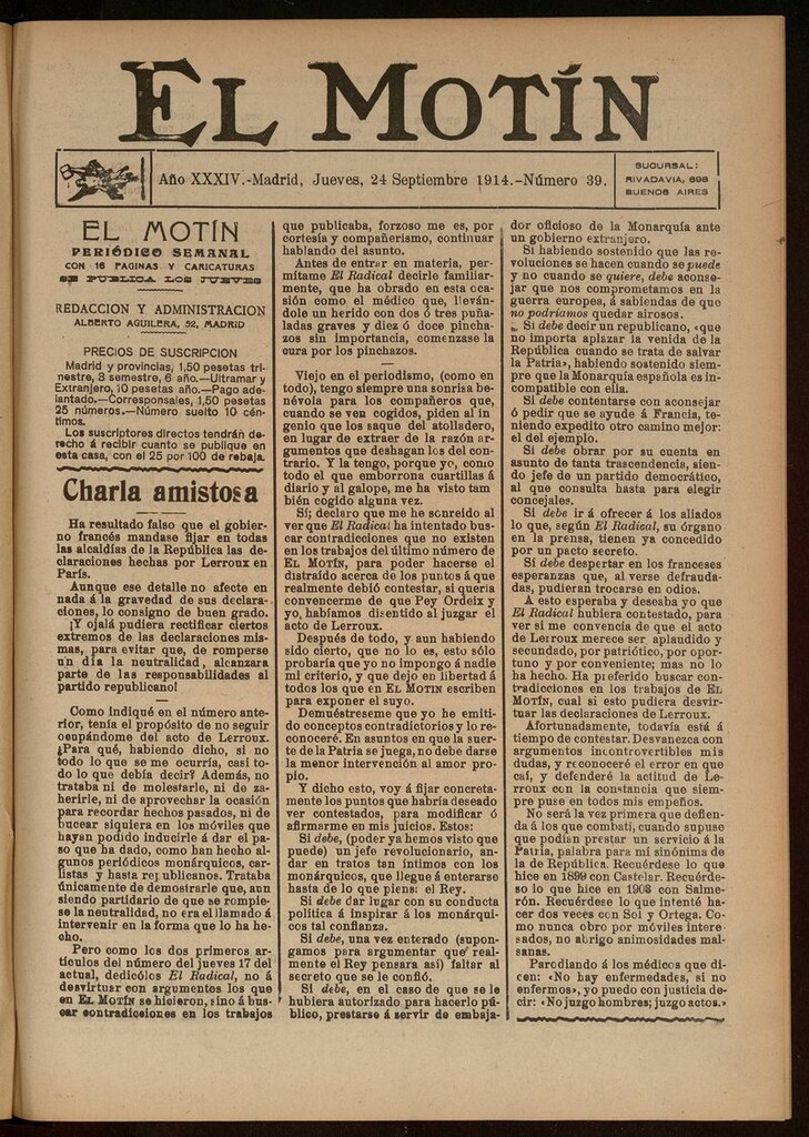Miniatura de El Motín: periódico satírico del jueves 24 de septiembre de 1914