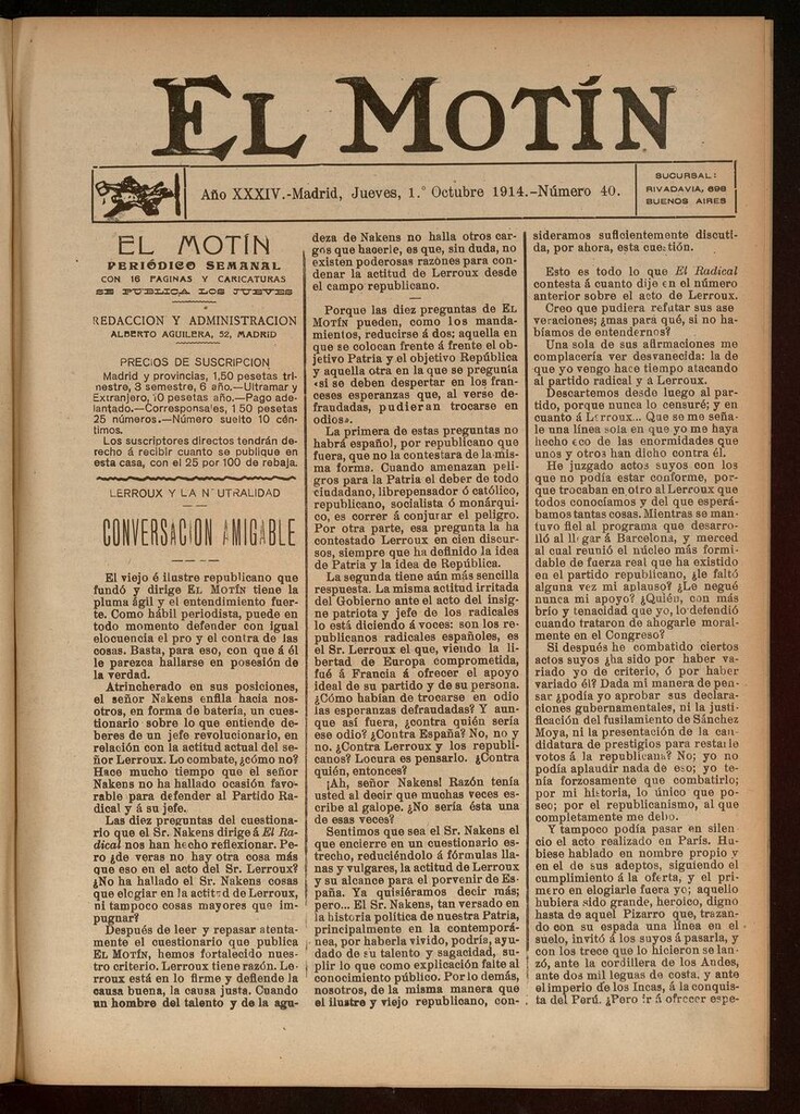 Miniatura de El Motín: periódico satírico del jueves 1 de octubre de 1914