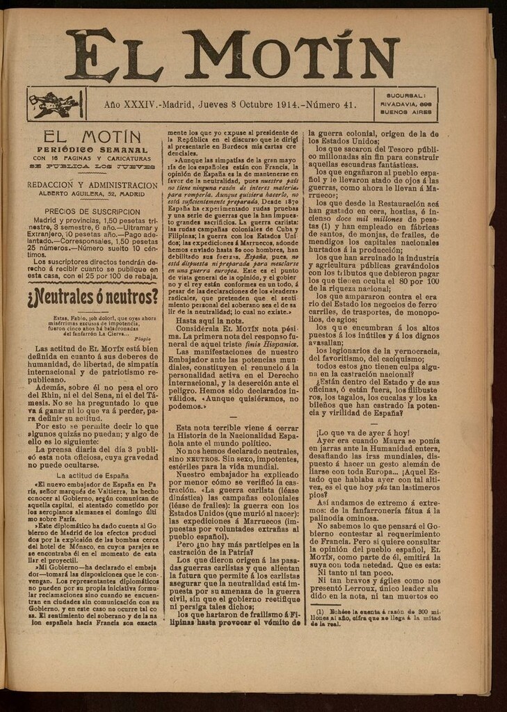 Miniatura de El Motín: periódico satírico del jueves 8 de octubre de 1914