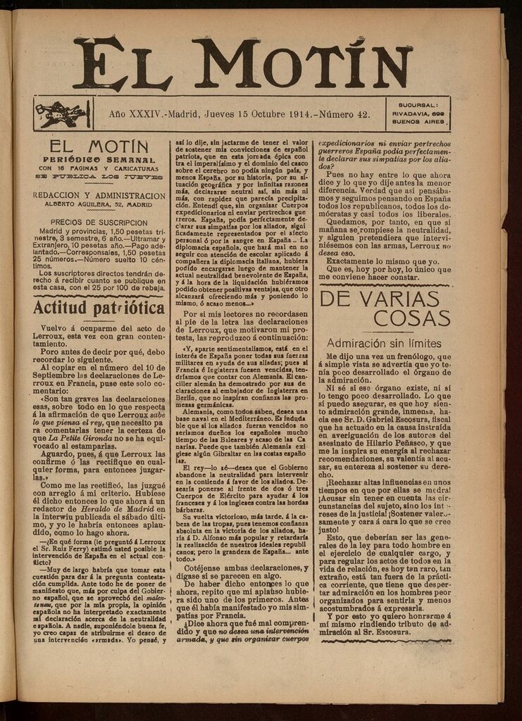 Miniatura de El Motín: periódico satírico del jueves 15 de octubre de 1914