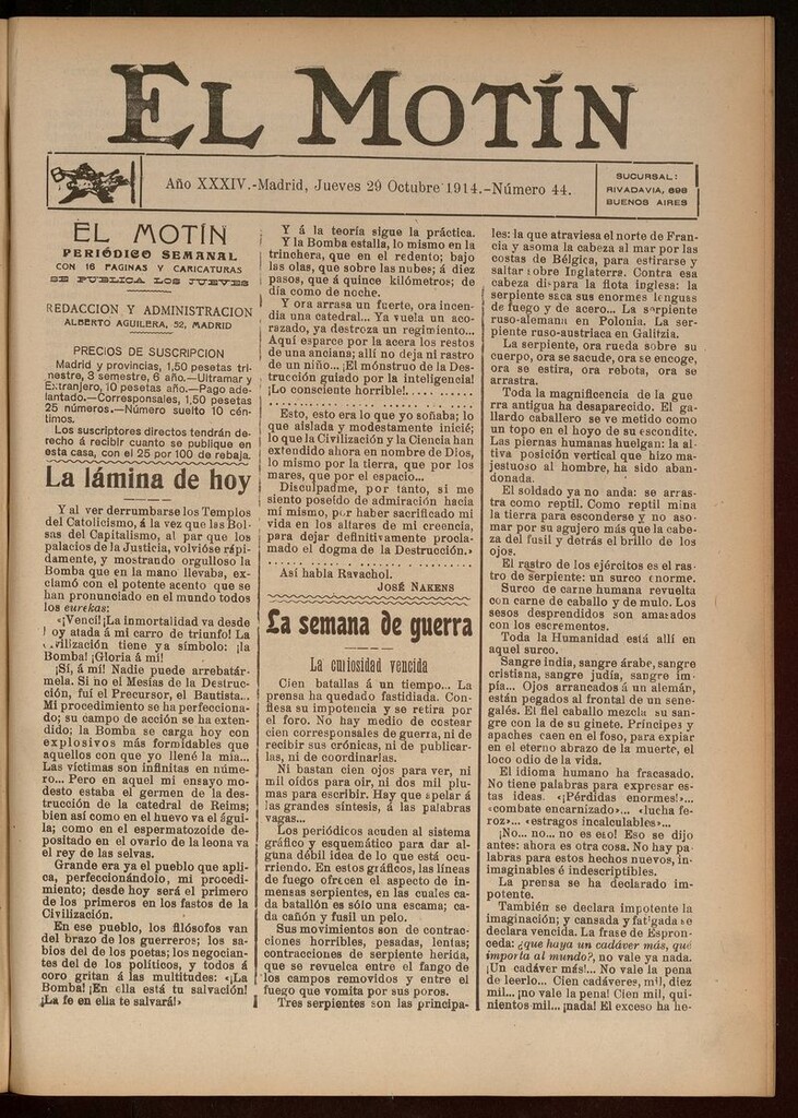 Miniatura de El Motín: periódico satírico del jueves 29 de octubre de 1914