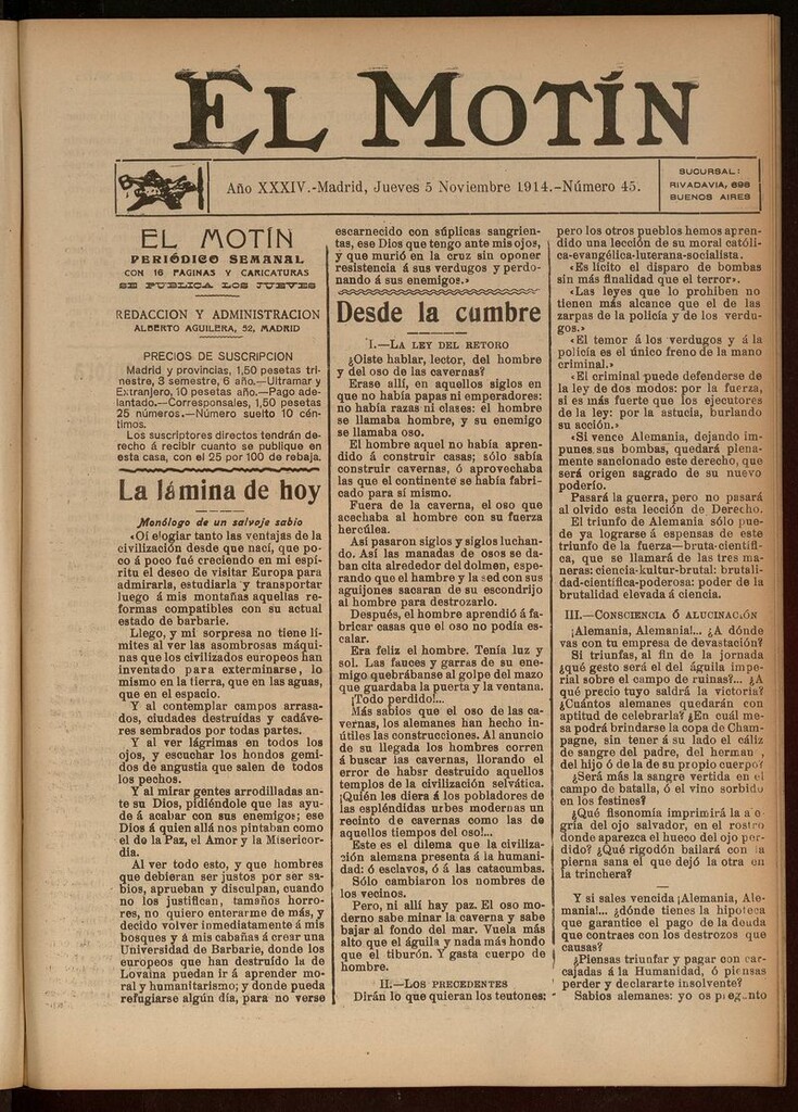 Miniatura de El Motín: periódico satírico del jueves 5 de noviembre de 1914