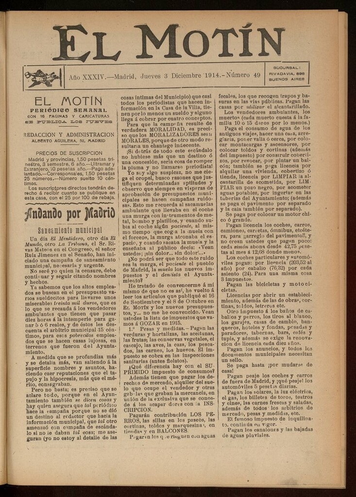 Miniatura de El Motín: periódico satírico del jueves 3 de diciembre de 1914