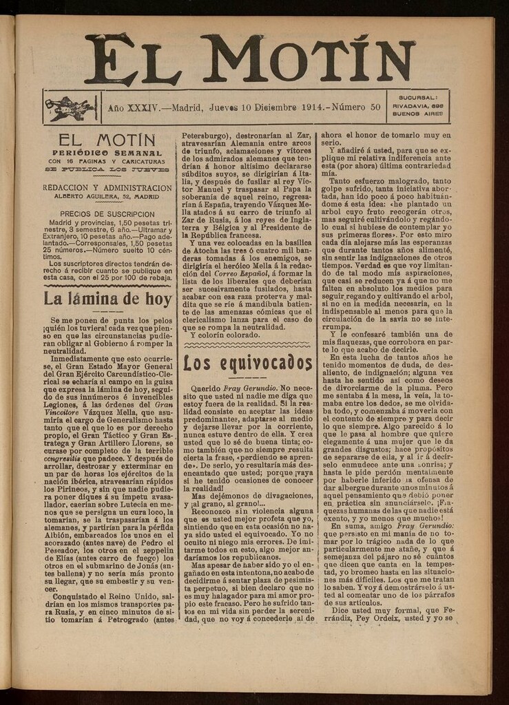 Miniatura de El Motín: periódico satírico del jueves 10 de diciembre de 1914