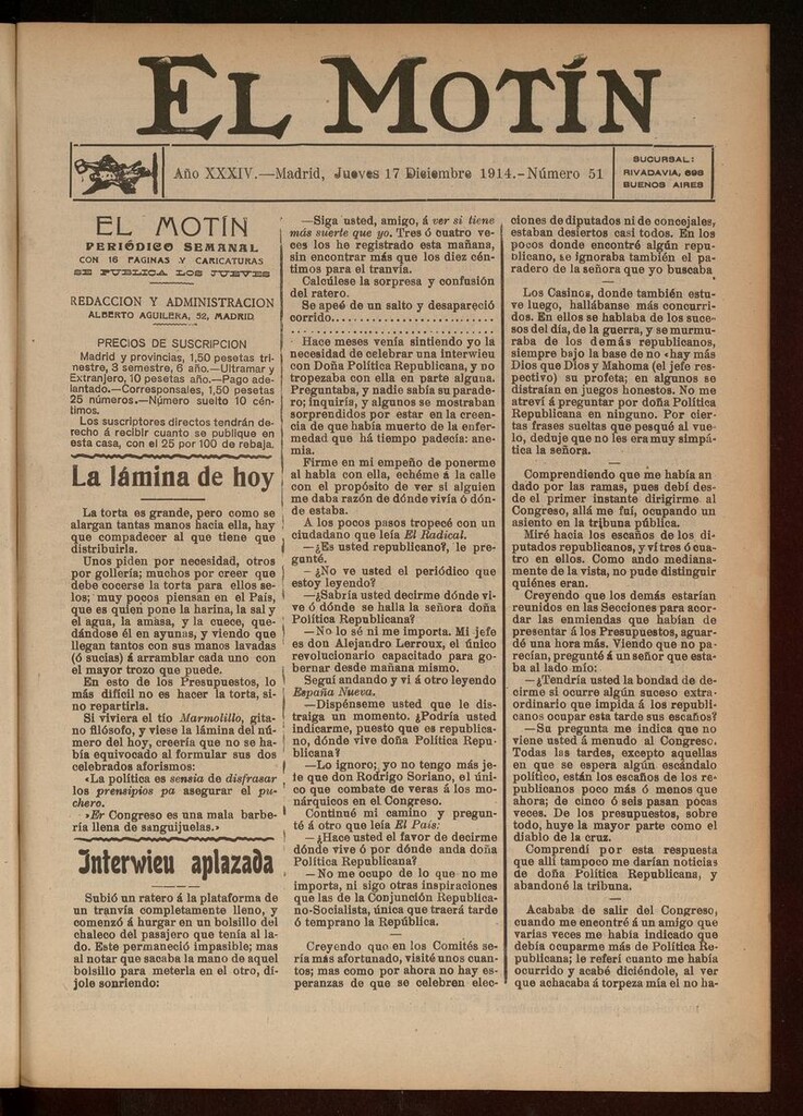 Miniatura de El Motín: periódico satírico del jueves 17 de diciembre de 1914