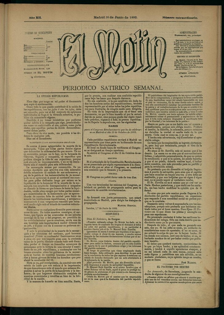 Miniatura de El Motín: periódico satírico semanal 16 de Junio de 1892