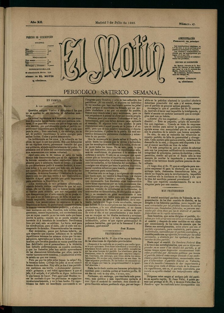 Miniatura de El Motín: periódico satírico semanal 2 de Julio de 1892