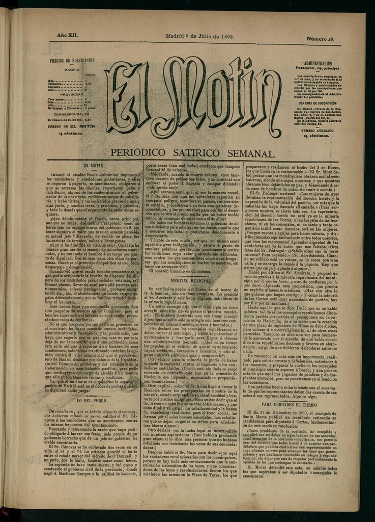 Miniatura de El Motín: periódico satírico semanal 9 de Julio de 1892