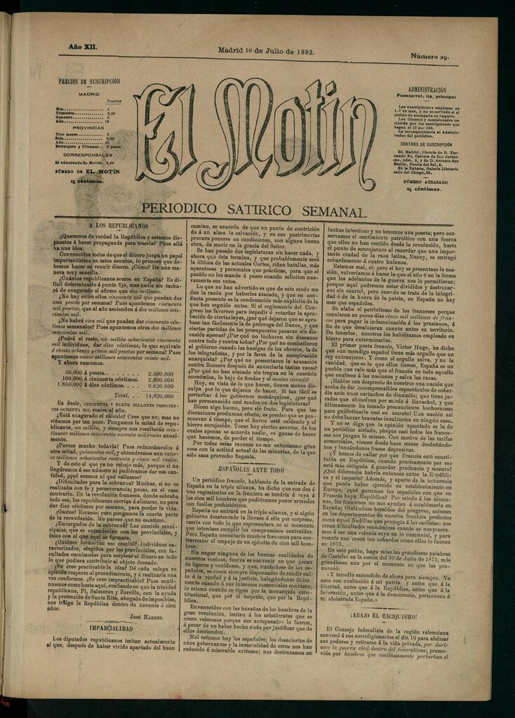 Miniatura de El Motín: periódico satírico semanal 16 de Julio de 1892