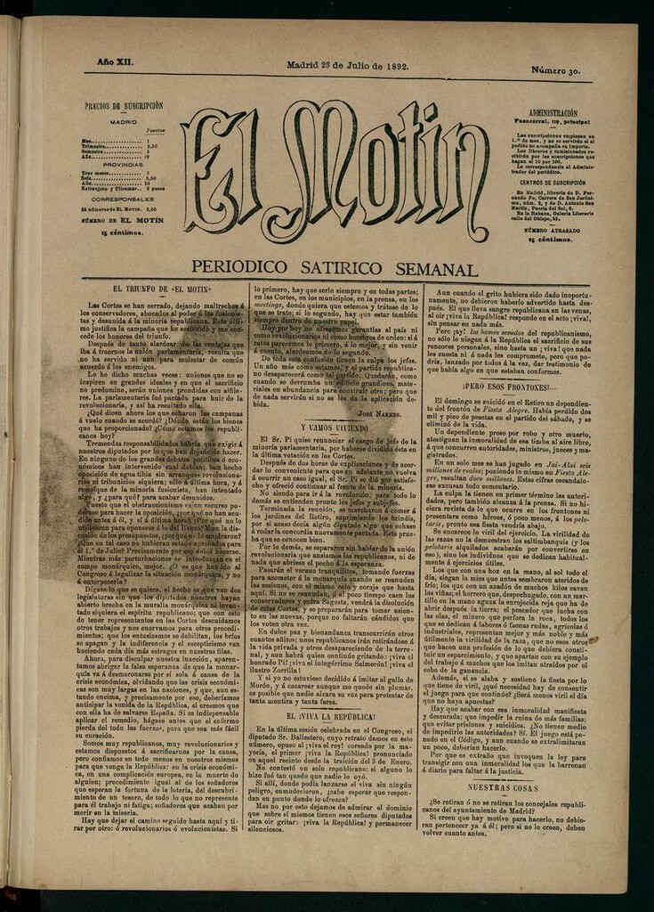 Miniatura de El Motín: periódico satírico semanal 30 de Julio de 1892