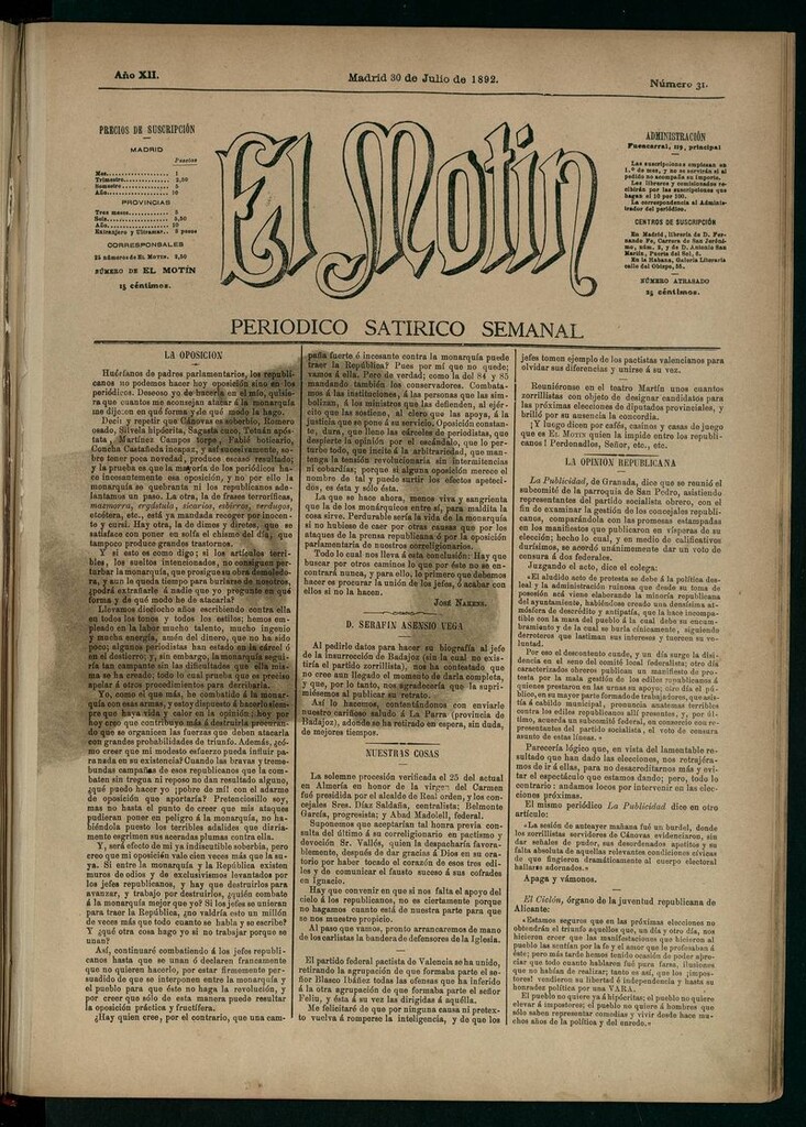 Miniatura de El Motín: periódico satírico semanal 30 de Julio de 1892