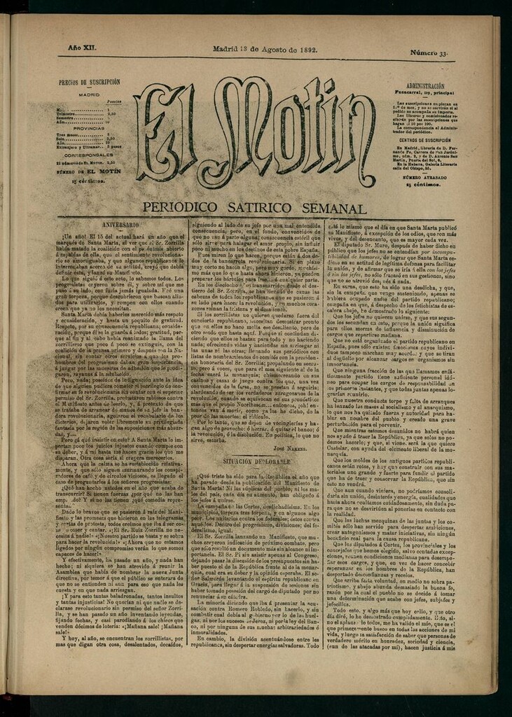 Miniatura de El Motín: periódico satírico semanal 13 de Agosto de 1892
