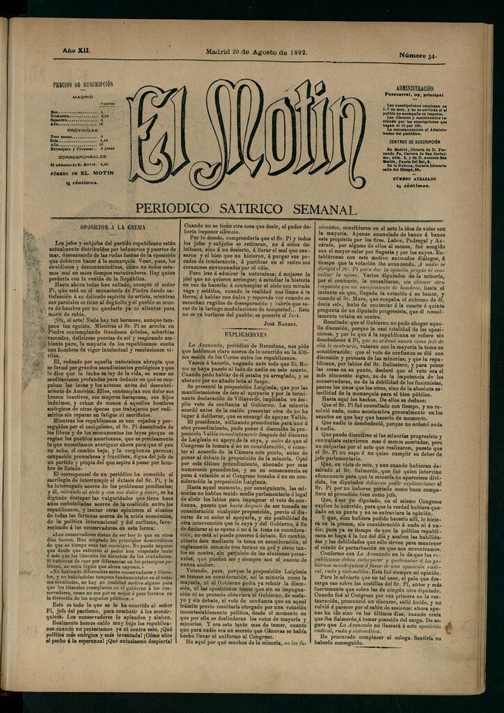 Miniatura de El Motín: periódico satírico semanal 20 de Agosto de 1892