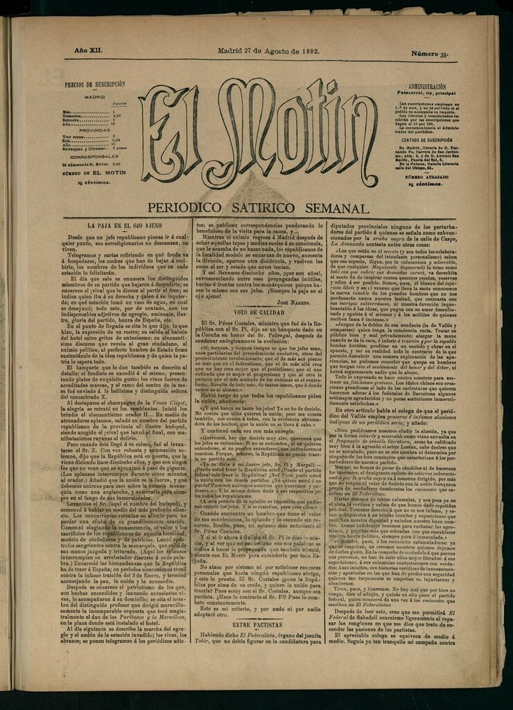 Miniatura de El Motín: periódico satírico semanal 27 de Agosto de 1892