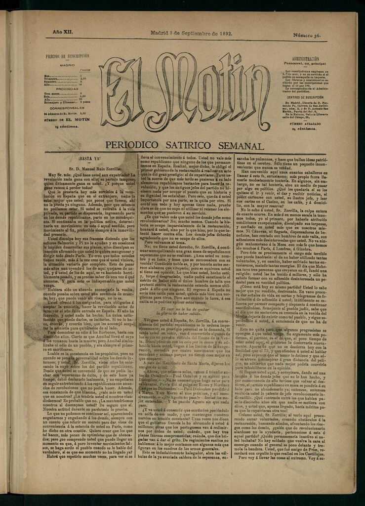 Miniatura de El Motín: periódico satírico semanal 3 de Septiembre de 1892