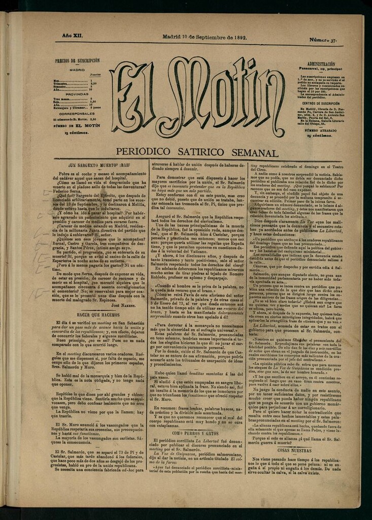 Miniatura de El Motín: periódico satírico semanal 10 de Septiembre de 1892
