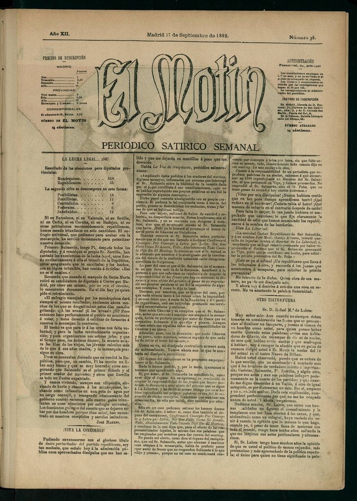 Miniatura de El Motín: periódico satírico semanal 17 de Septiembre de 1892