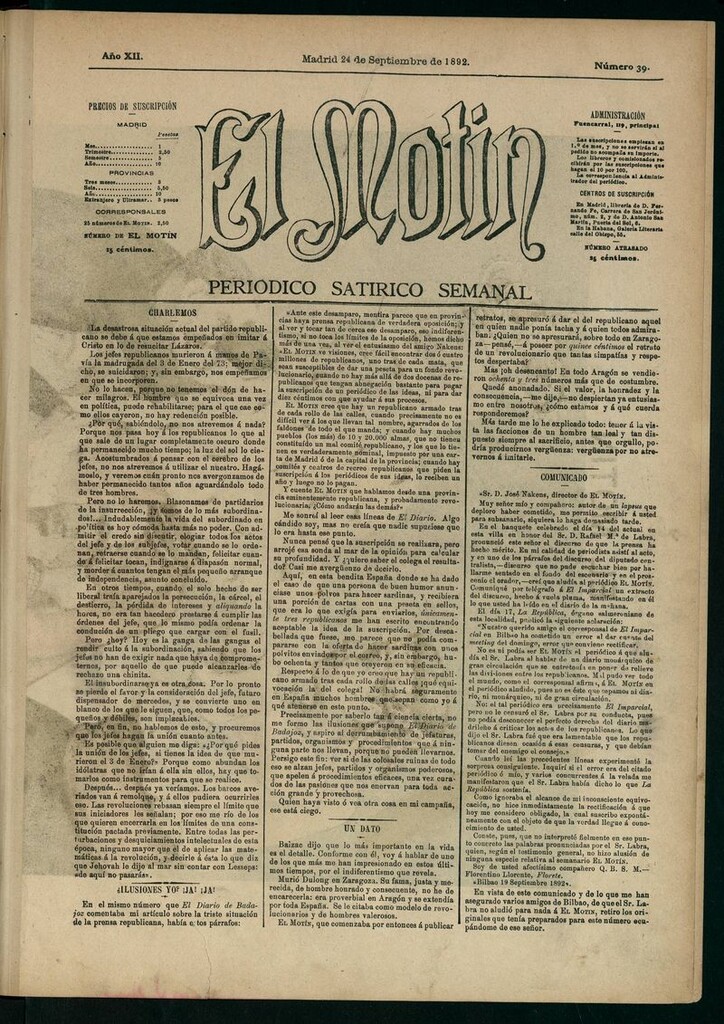 Miniatura de El Motín: periódico satírico semanal 24 de Septiembre de 1892