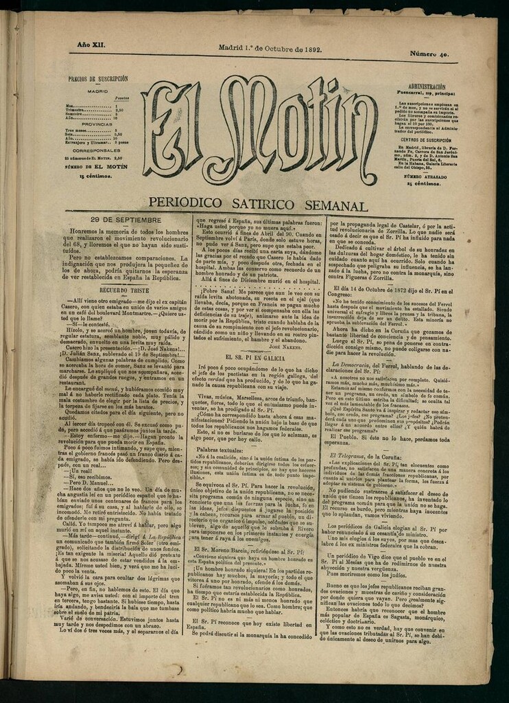Miniatura de El Motín: periódico satírico semanal 1 de Octubre de 1892