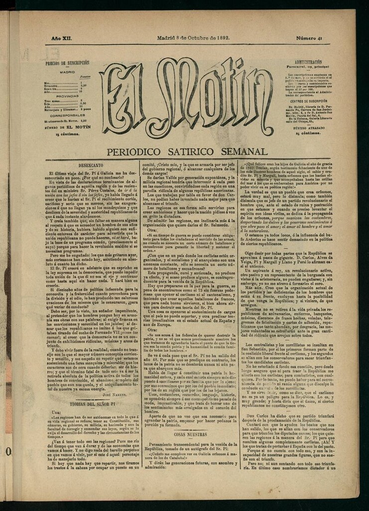 Miniatura de El Motín: periódico satírico semanal 8 de Octubre de 1892
