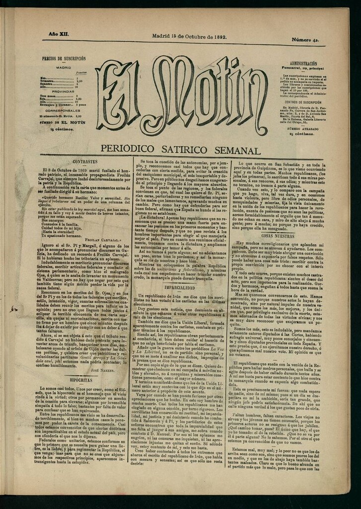 Miniatura de El Motín: periódico satírico semanal 15 de Octubre de 1892