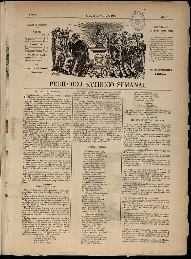 Miniatura de El Motín: periódico satírico semanal del 15 de febrero de 1885