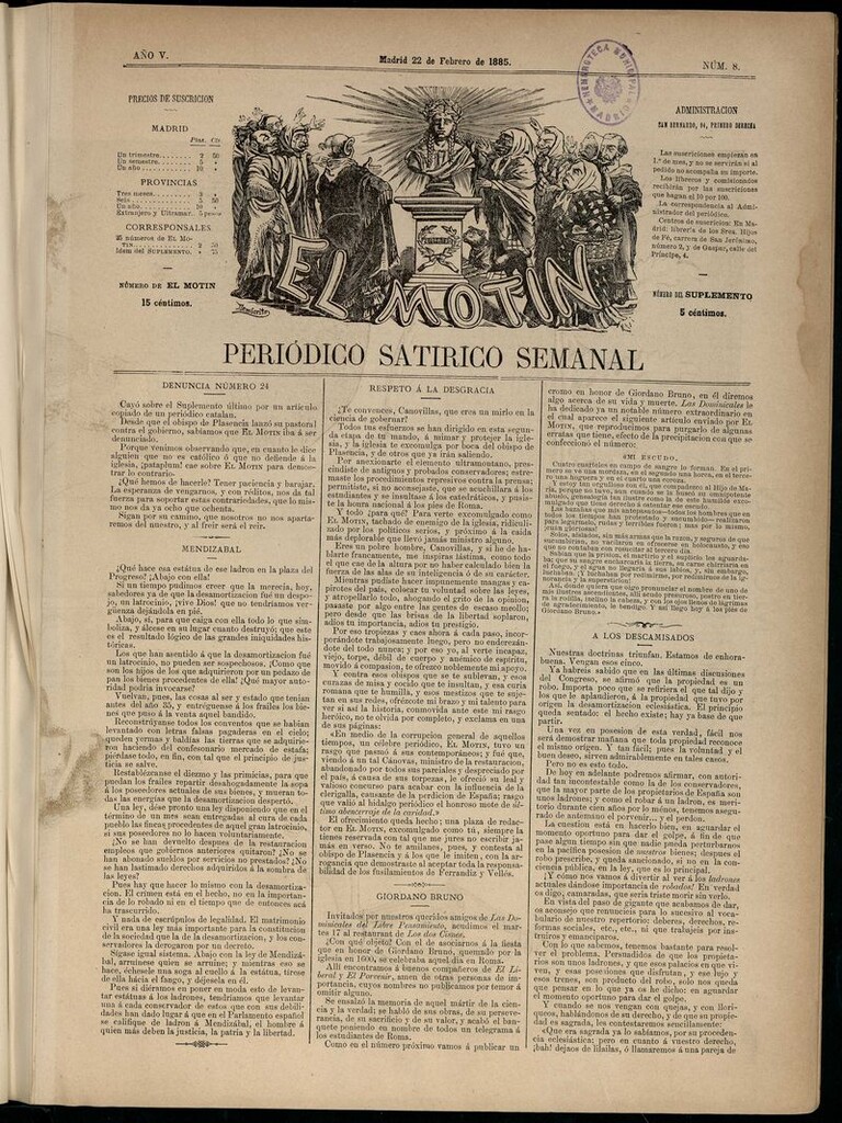 Miniatura de El Motín: periódico satírico semanal del 22 de febrero de 1885