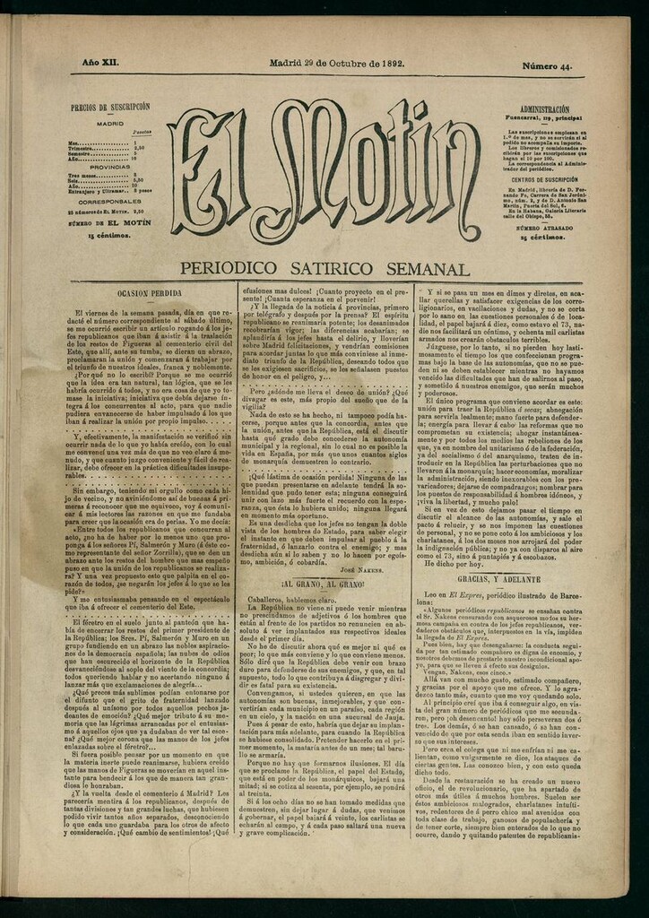 Miniatura de El Motín: periódico satírico semanal 29 de Octubre de 1892