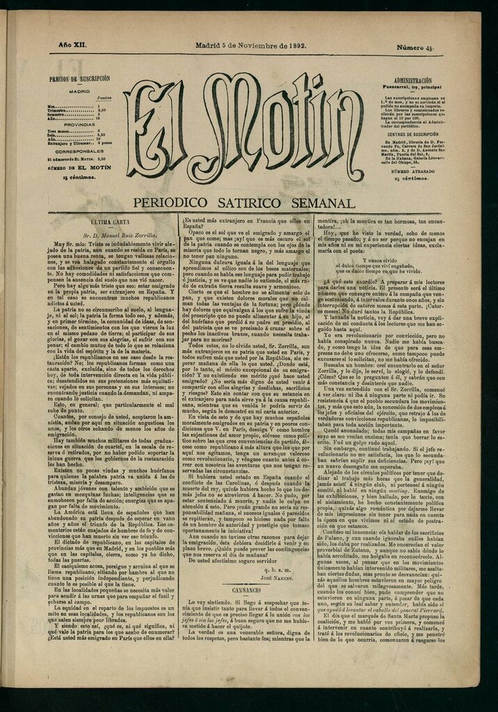 Miniatura de El Motín: periódico satírico semanal 5 de Noviembre de 1892