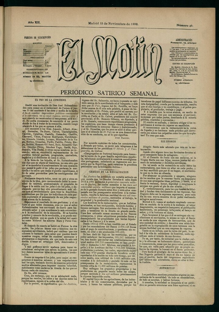 Miniatura de El Motín: periódico satírico semanal 12 de Noviembre de 1892
