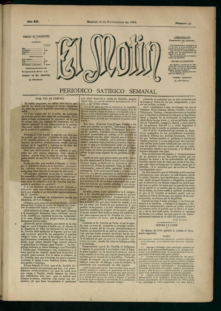 Miniatura de El Motín: periódico satírico semanal 19 de Noviembre de 1892