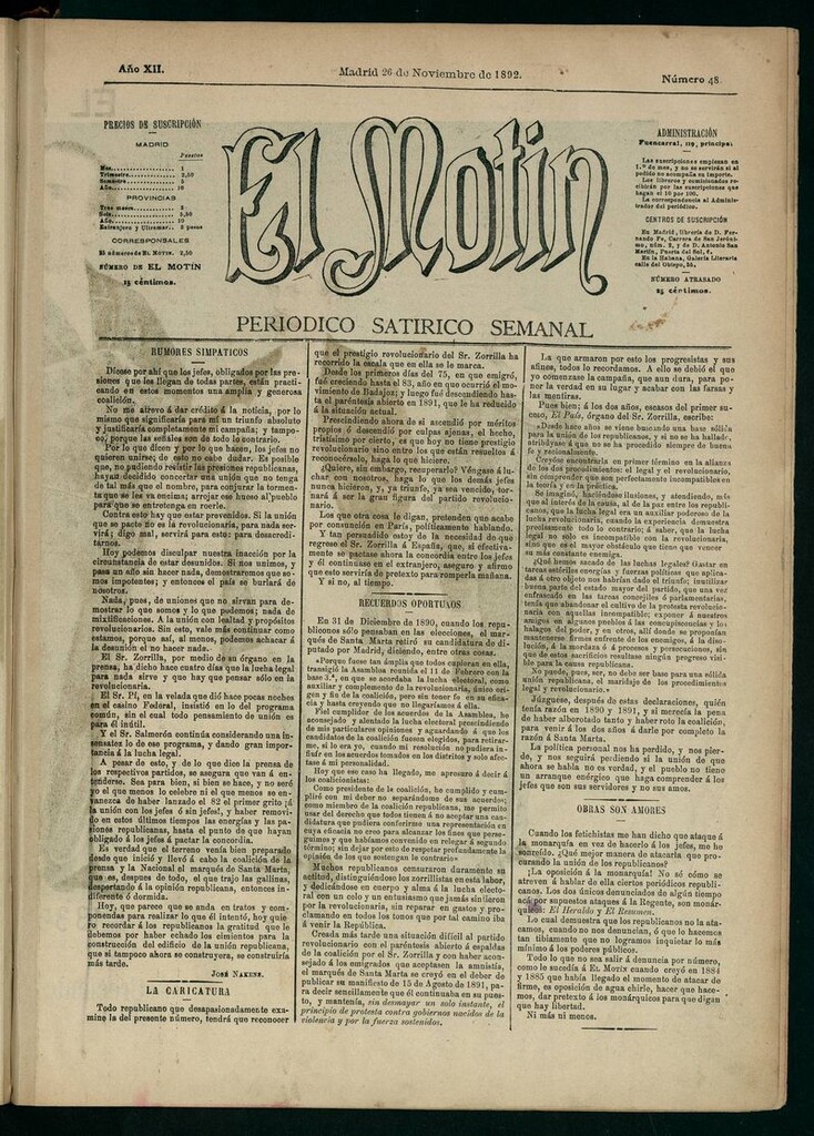 Miniatura de El Motín: periódico satírico semanal 26 de Noviembre de 1892