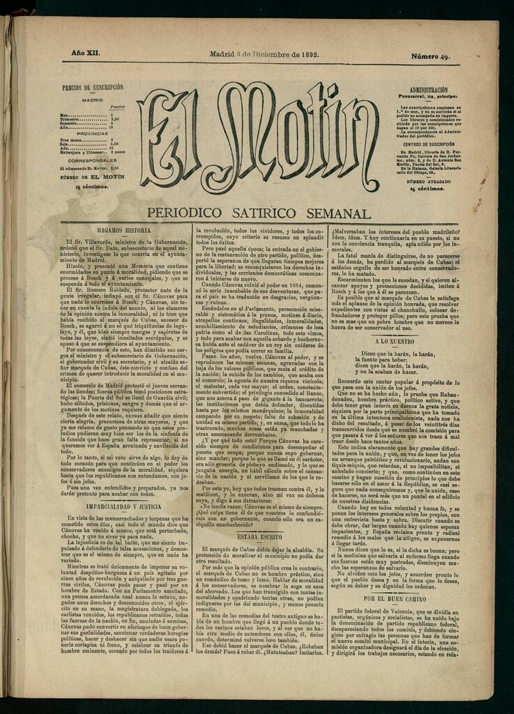 Miniatura de El Motín: periódico satírico semanal 3 de Diciembre de 1892
