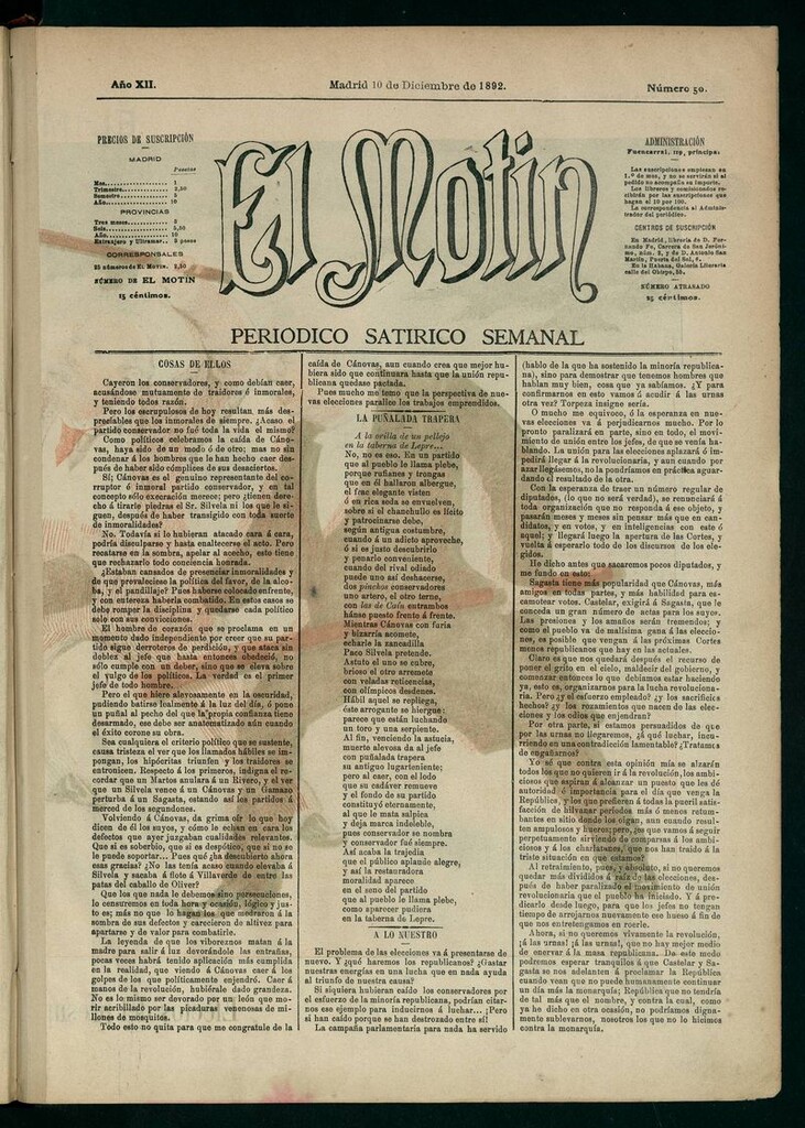 Miniatura de El Motín: periódico satírico semanal 10 de Diciembre de 1892