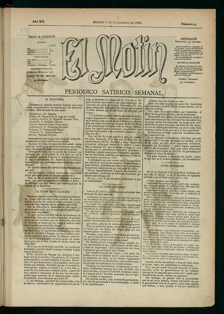 Miniatura de El Motín: periódico satírico semanal 17 de Diciembre de 1892