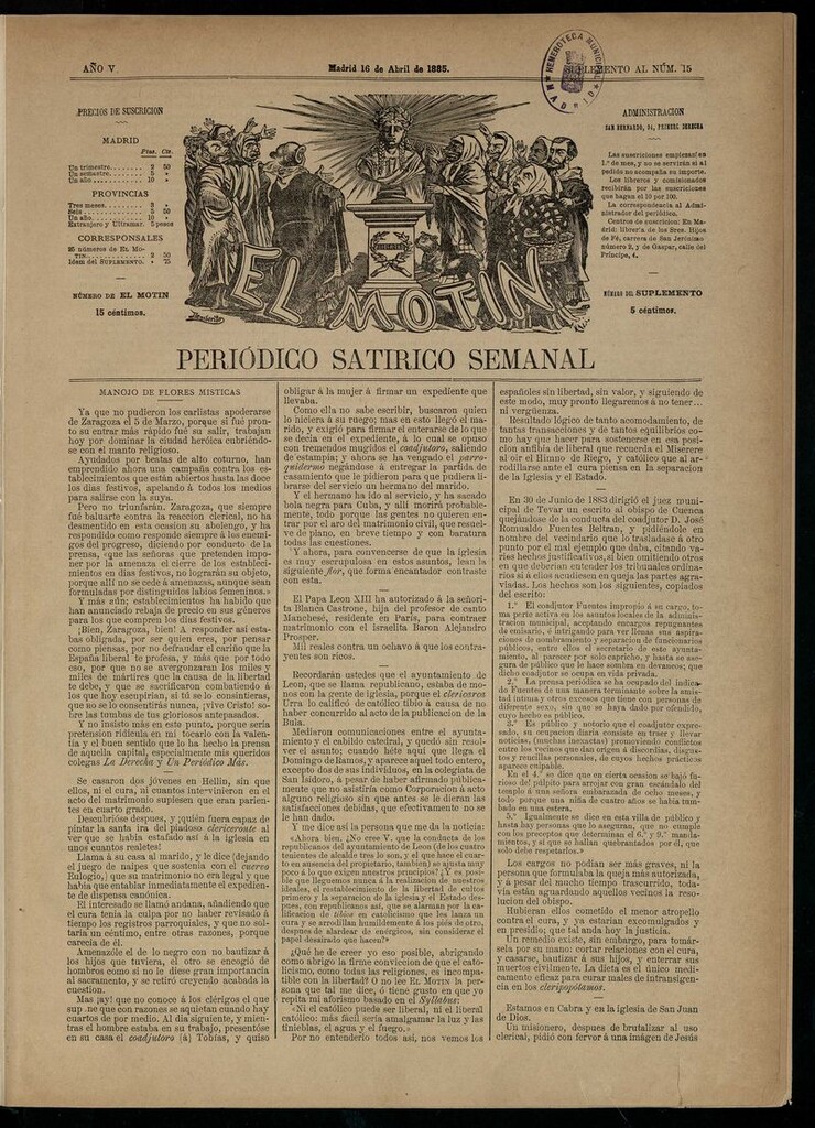 Miniatura de El Motín: periódico satírico semanal del 16 de abril de 1885