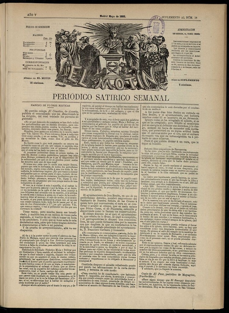 Miniatura de El Motín: periódico satírico semanal de mayo de 1885. SUPLEMENTO AL NÚM 18