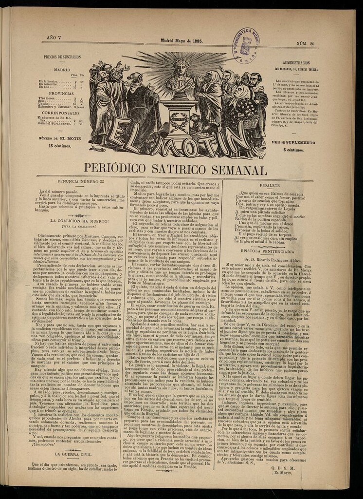 Miniatura de El Motín: periódico satírico semanal de mayo de 1885. NÚM 20