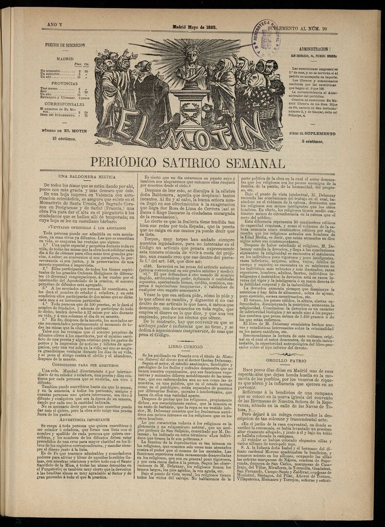 Miniatura de El Motín: periódico satírico semanal de mayo de 1885. SUPLEMENTO AL NÚM 20