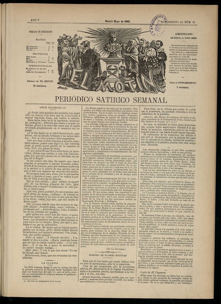 Miniatura de El Motín: periódico satírico semanal de mayo de 1885. SUPLEMENTO AL NÚM 21