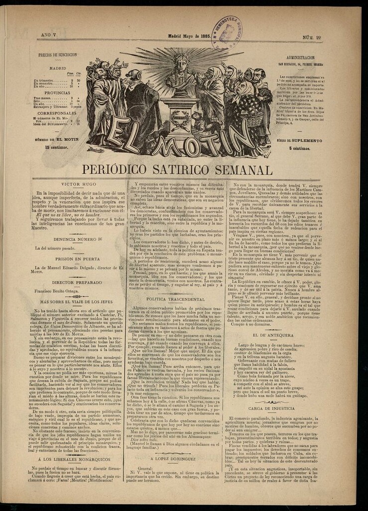 Miniatura de El Motín: periódico satírico semanal de mayo de 1885. NÚM 22