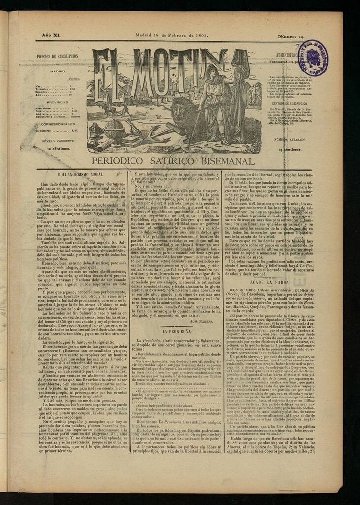 Miniatura de El Motín: periódico satírico semanal del 18 de febrero de 1891