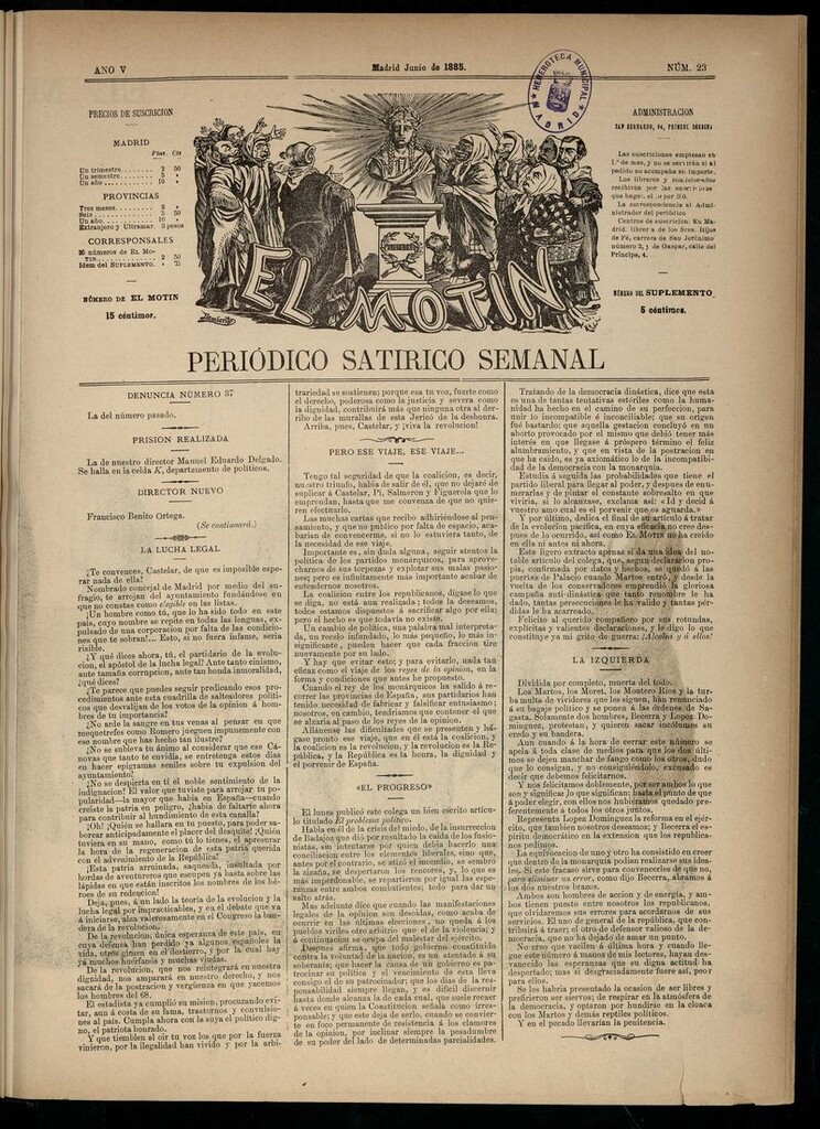 Miniatura de El Motín: periódico satírico semanal de junio de 1885. NÚM 23