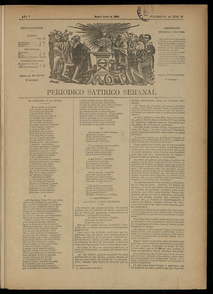Miniatura de El Motín: periódico satírico semanal de junio de 1885. SUPLEMENTO AL NÚM 23