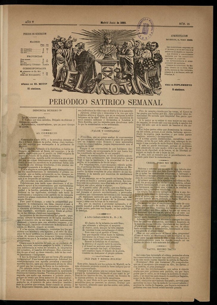 Miniatura de El Motín: periódico satírico semanal de junio de 1885. NÚM 25