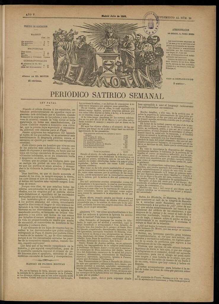 Miniatura de El Motín: periódico satírico semanal de julio de 1885. SUPLEMENTO AL NÚM 26