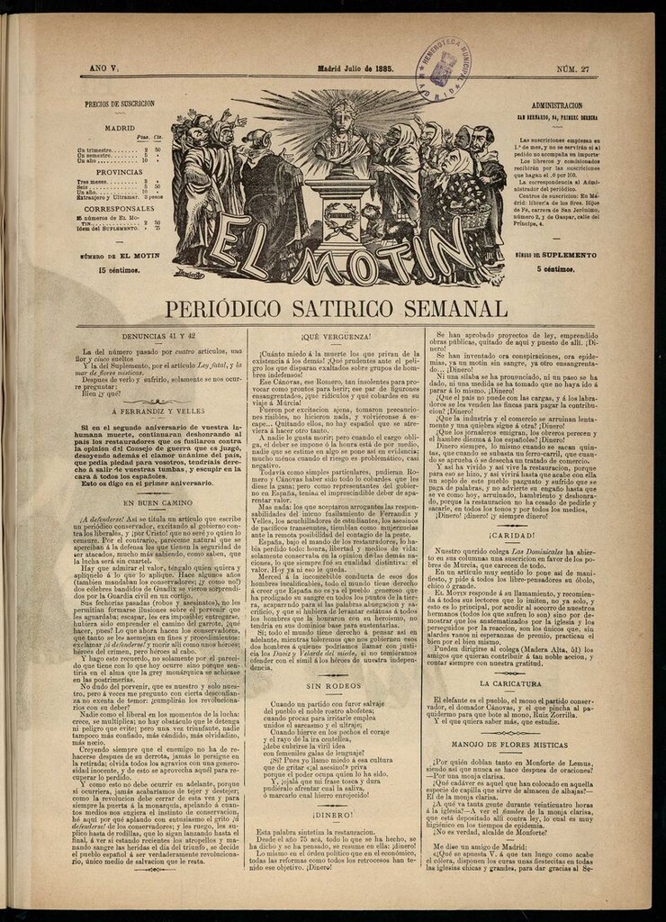 Miniatura de El Motín: periódico satírico semanal de julio de 1885. NÚM 27