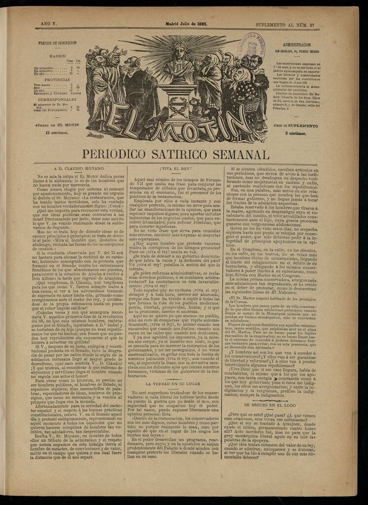 Miniatura de El Motín: periódico satírico semanal de julio de 1885. SUPLEMENTO AL NÚM 27
