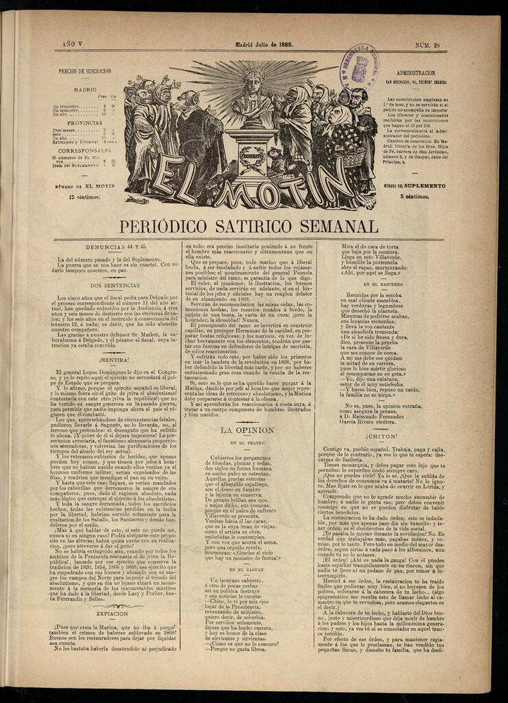 Miniatura de El Motín: periódico satírico semanal de julio de 1885. NÚM 29