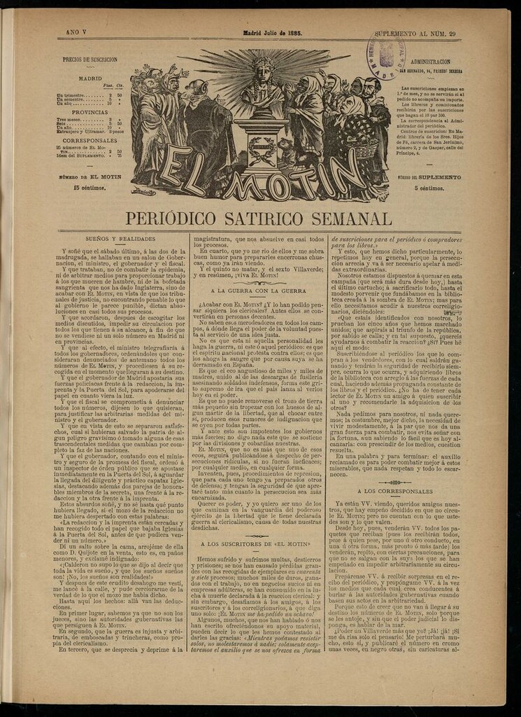 Miniatura de El Motín: periódico satírico semanal de julio de 1885. SUPLEMENTO AL NÚM 29